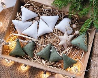 Christmas ornaments and garland box, felt christmas tree garland, tree christmas decor star ornament, felt heart