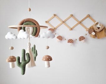 Boho nursery decor, mushroom and cacti room decor, set felt garland and baby mobile, neutral mobile with rainbow