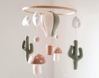 Mushroom nursery decor, mushroom nursery, cacti baby mobile, felt cactus, air balloon mobile, hanging mobile, crib mobile