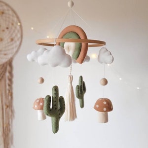 Cactus baby mobile, mushroom nursery decor, neutral rainbow, pregnancy gift