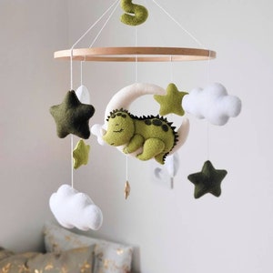 Dinosaur baby mobile, dinosaur on the moon, mobile hanging, sage green mobile baby mobile, nursery mobile, nursery decor felt