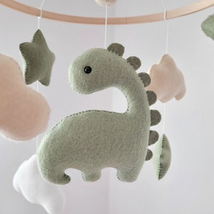 Dinosaur mobile, dino nursery decor, personalized mobile with cute dinosaur, felt baby mobile, small baby mobile with clouds, baby mobile image 3