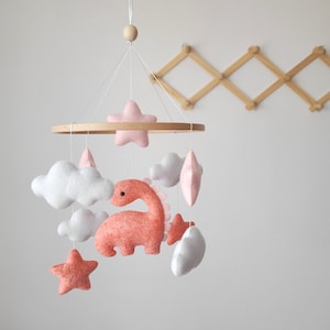 Dinosaur mobile, dino nursery decor, personalized mobile with cute dinosaur, felt baby mobile, small baby mobile with clouds, baby mobile Pink baby mobile