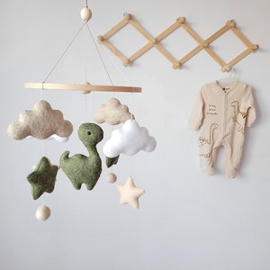 Dinosaur mobile, dino nursery decor, personalized mobile with cute dinosaur, felt baby mobile, small baby mobile with clouds, baby mobile Khaki baby mobile