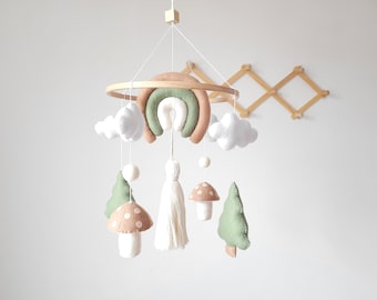 Woodland babymobiel, paddestoel kinderkamer decor, neutrale regenboog, zwangerschapscadeau