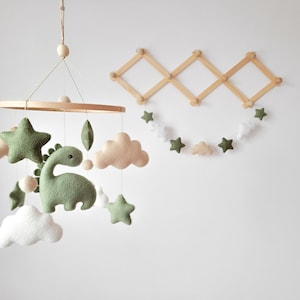 Dinosaur mobile, dino nursery decor, personalized mobile with cute dinosaur, felt baby mobile, small baby mobile with clouds, baby mobile Mobile + garland