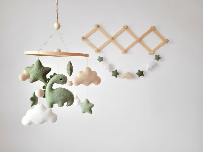 Dinosaur mobile, dino nursery decor, personalized mobile with cute dinosaur, felt baby mobile, small baby mobile with clouds, baby mobile Mobile + garland