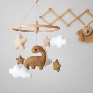 Dinosaur mobile, dino nursery decor, personalized mobile with cute dinosaur, felt baby mobile, small baby mobile with clouds, baby mobile Brown baby mobile