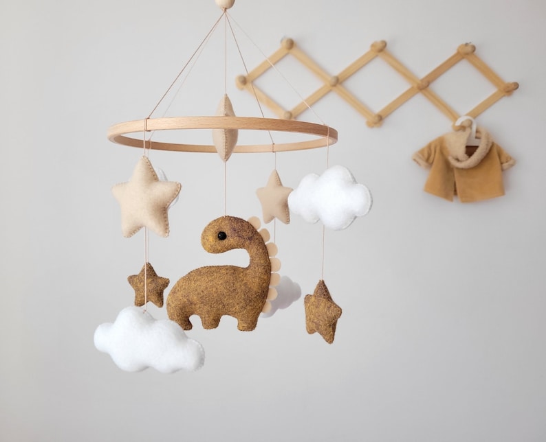 Dinosaur mobile, dino nursery decor, personalized mobile with cute dinosaur, felt baby mobile, small baby mobile with clouds, baby mobile Brown baby mobile