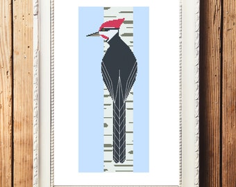 Pileated Woodpecker and Birch Cross Stitch Pattern (Digital Download)