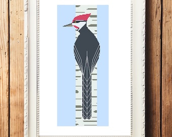 Pileated Woodpecker and Birch Cross Stitch Pattern (Digital Download)