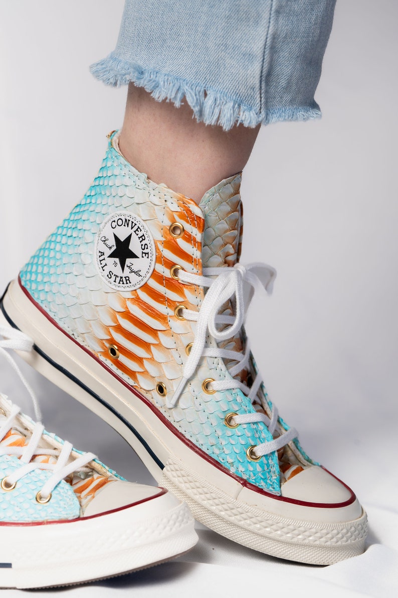 Converse All Star Chucks upgraded with Authentic Hand Painted Python Aqua/Orange/White Miami Camo 33056