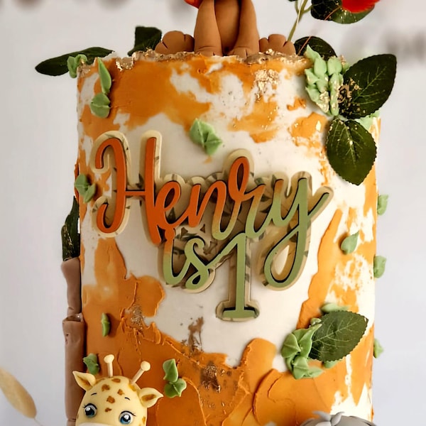 Adorno o dije personalizado para pastel con nombre y edad, diseño de hoja, decoración de cumpleaños con temática de safari en la jungla, estampado de hojas, acrílico y madera, recuerdo premium de ALTA CALIDAD.