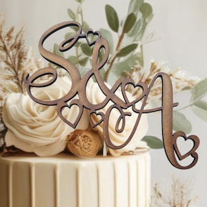 Gepersonaliseerde bruidstaarttopper houten aangepaste verloving verjaardagstaart decoratie luxe dubbellaagse aandenken alle kleuren SCRIPT LETTERTYPE