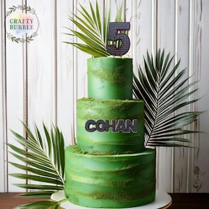 Personalised name / age engraved wooden/acrylic cake topper/charms dinosaur/crocodile skin and spikes Jungle dino