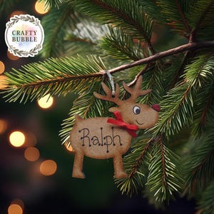 Personalised wooden Rudolph reindeer Christmas tree bauble decoration ornament gift tag sparkly nose any colour bow