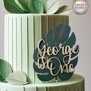 Personalised (name) is (any age) wooden leaf birthday cake topper hand made NOT CARD safari jungle tropical theme keepsake sturdy wild one