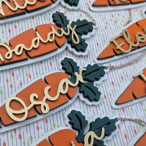 May include: Close-up of wooden carrot-shaped name tags, each with a name in cursive. The carrots are orange with green leaves and a white border. Ideal for Easter or spring decorations.