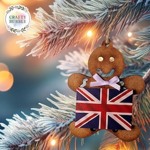Handmade Wooden Gingerbread Man Christmas Tree Decoration–Union Jack Printed flag–Patriotic British Xmas Bauble UK ENGLAND raise the colours