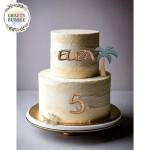 INSPIRED cake charm/topper & palm tree topper set. Any (Name/age) personalised birthday. Wood and acrylic beach MOA.NA can buy individually