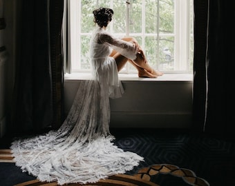 Lace Wedding Robe-Bridal Robe-Long Lace Robe with Train-Bride Robe-Bridesmaid Robe-Boudoir Robe-Robe for Bride-Maternity Robe