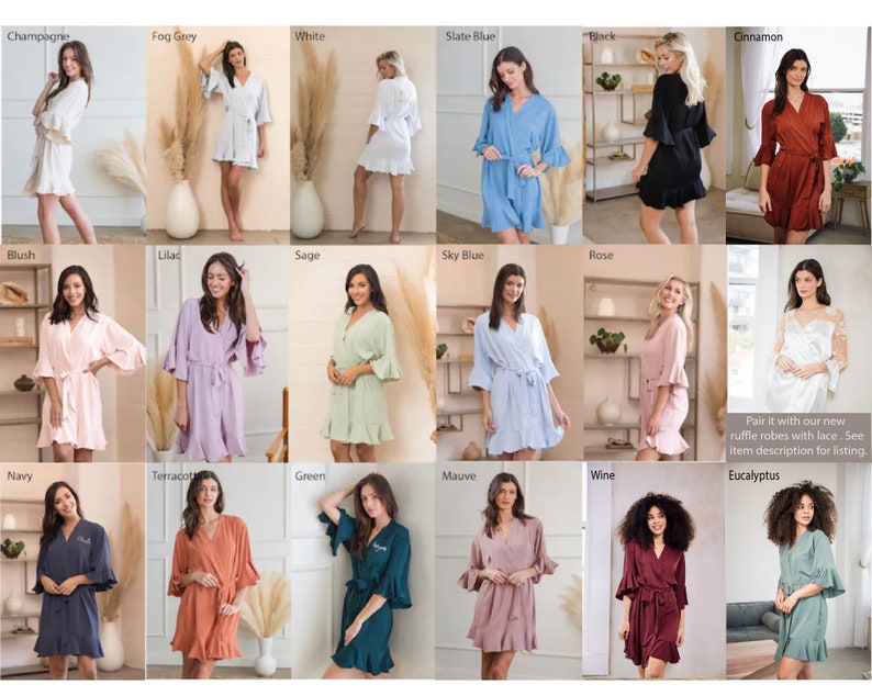 May include: A collage of 18 different colored robes with ruffled sleeves and a sash tie. The robes are arranged in three rows of six. The colors include champagne, fog grey, white, slate blue, black, cinnamon, blush, lilac, sage, sky blue, rose, navy, terracotta, green, mauve, wine, and eucalyptus.