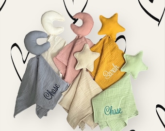 Baby Lovey, Embroidered Lovey with Names, 100% Cotton Star Moon Lovey, Monogram Baby Unisex Gift Security Blankie, Teether, Baby Shower Gift