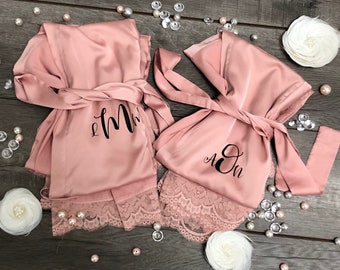 Bridesmaid robes Set of 1,2,3,4,5,6,7,8,9,10,11,12,13,14 Bridesmaid Gifts-Custom Wedding Robes-Gift for Bride-Satin Lace Robes-Bridal Robe