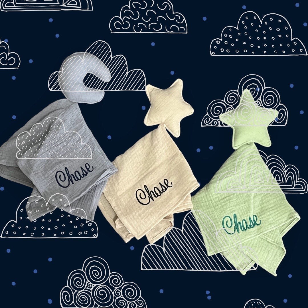 Baby Lovey, Personalized Lovey With Names, Organic Muslim Cotton Star Moon Lovey, Monogram Baby