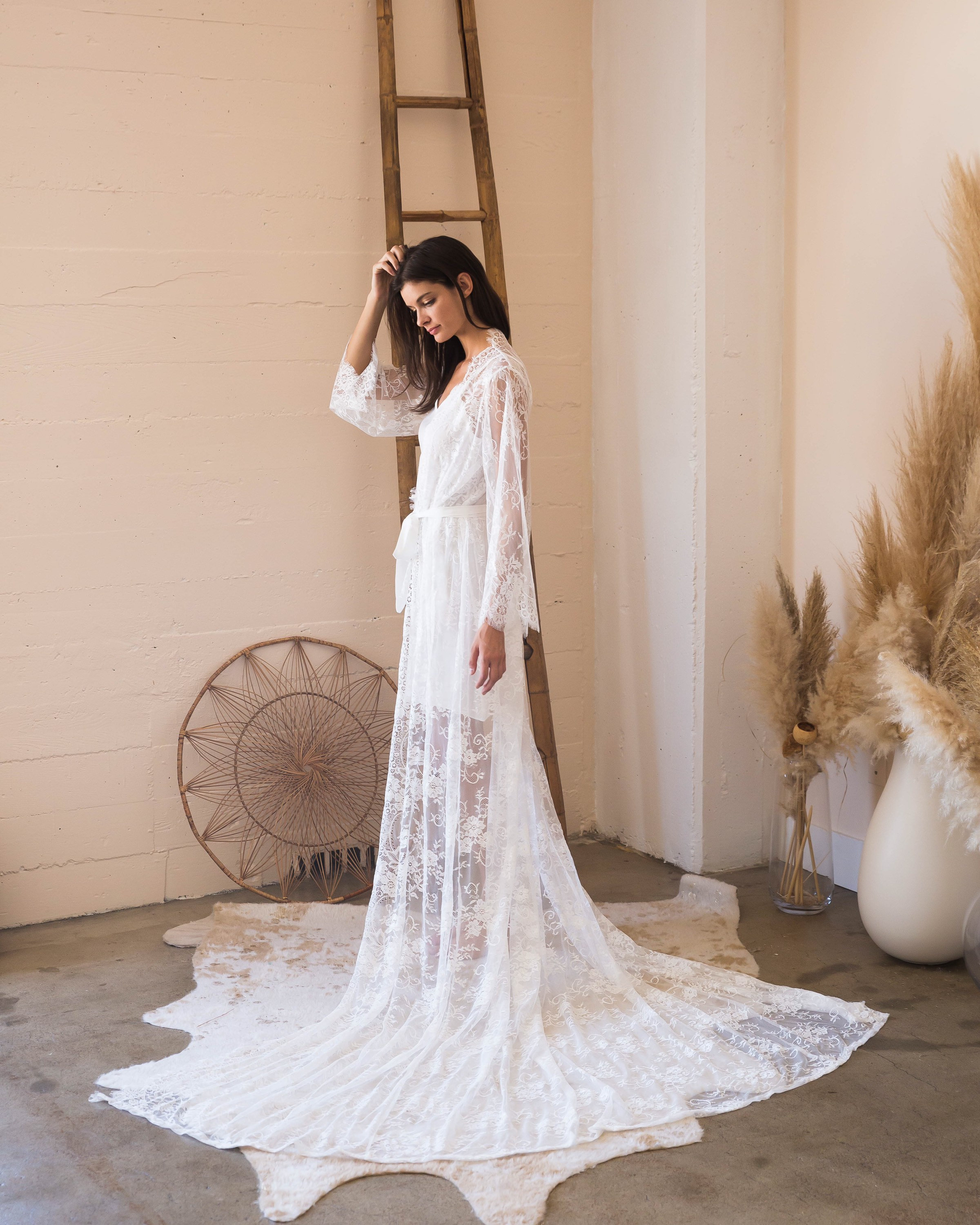 long lace bridal robe with train