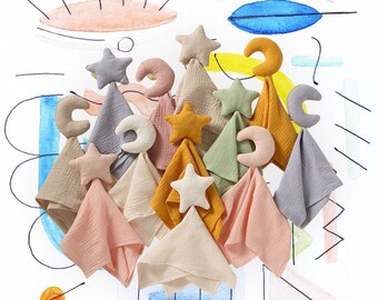 100% Cotton Star Moon Lovey, Monogram Baby Unisex Gift Security Blankie, Teether, Baby Shower Gift, Baby Lovey, Embroidered Lovey with name
