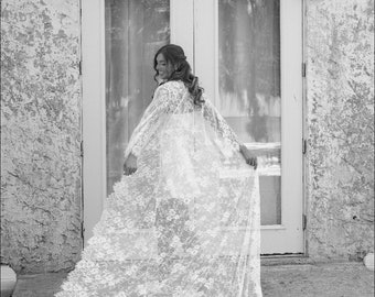 Custom Wedding Robe-Bridal Robe-Long Lace Robe with Cathedral Train-Personalized Bride Robe-Bridesmaid Robe-Boudoir Robe-Robe for Bride