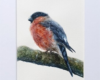 オリジナル水彩画「鳥の絵：灰色の鳥と赤いベリー」7x9インチ - Etsy 日本