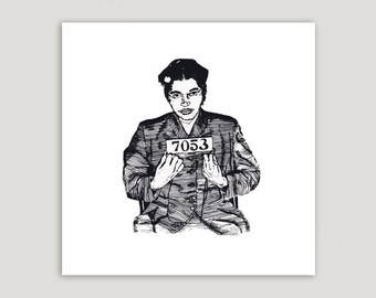May include: Black and white illustration of a person holding a sign with the number "7053" on it.