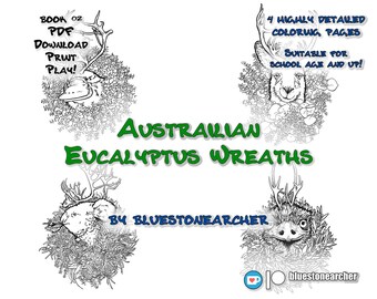 Eucalyptus Wreath Caribou - kid friendly, downloadable pdf (print at home) coloring book of 4 Australian animals feeling the Winter Spirit!