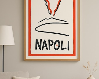 Wydruk z Neapolu, Plakat z Neapolu we Włoszech, Minimalistyczna sztuka ścienna z podróży, Abstrakcyjna sztuka z Wezuwiuszem, Cyfrowe pobieranie do druku, Wystrój włoskiego miasta