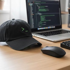 Może przedstawiać: Czarna czapka bejsbolowa z zieloną grafiką leży na drewnianym biurku. Na biurku znajduje się r&oacute;wnież laptop wyświetlający kod, czarna mysz i klawiatura. Czapka ma zakrzywiony daszek i prosty design.