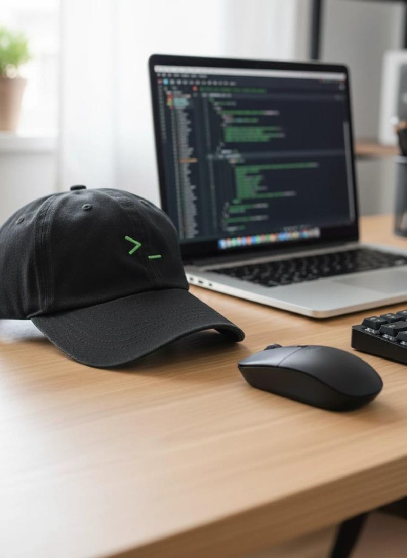 Może przedstawiać: Czarna czapka bejsbolowa z zieloną grafiką leży na drewnianym biurku. Na biurku znajduje się r&oacute;wnież laptop wyświetlający kod, czarna mysz i klawiatura. Czapka ma zakrzywiony daszek i prosty design.