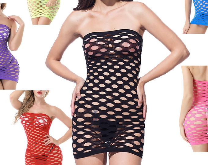 Sexy Fishnet Tube Top Bandage Bodycon Rave Dress - Sleeveless Women's See Through Mesh Lingerie