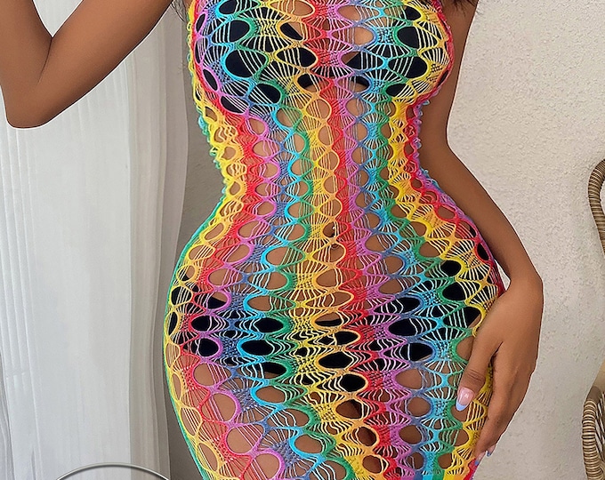 Rainbow Fishnet Bodycon Dress -  Women's Rave See Through Mesh Lingerie, Tube Top Bandage Bodysuit