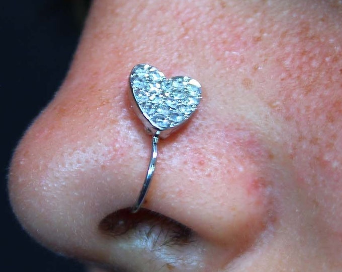 Diamond Heart Nose Ring - Non Piercing Earring - Fake Septum Ring