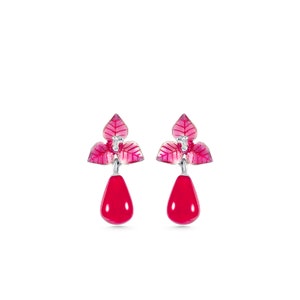 Pink Bougainvillea Earrings with Pink Jade Stone, Enamel with Silver Jewellery, Summer Jewellery