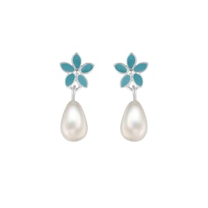 Pearl Forget Me Not Flower Earrings, Silver, Handmade Earring, Forget Me Not Jewelry, Gift for Love, Birthday Gift, Valentine&#39;s day, Gift