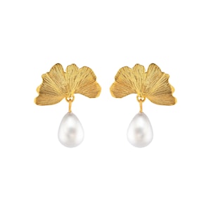 Pearl Ginkgo Earrings, Stud Earrings, Gold Plated Earrings, Silver, Handmade Earrings, Ginkgo Leaf Jewelry, Gift for Love