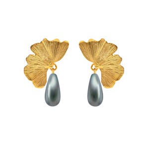 Pearl Ginkgo Earrings, Stud Earrings, Gold Plated Earrings, Silver, Handmade Earrings, Ginkgo Leaf Jewelry, Gift for Love
