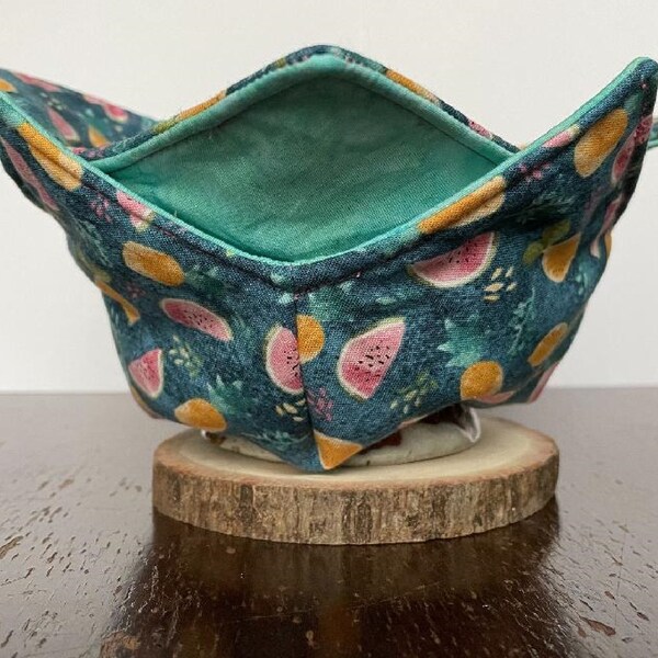 Microwavable Bowl Cozy - Teal Batik and Fruit pattern