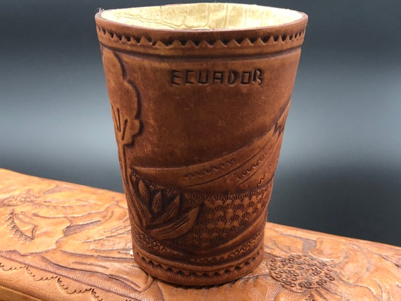 Hand tooled leather box purse with cup, made in E… - image 10
