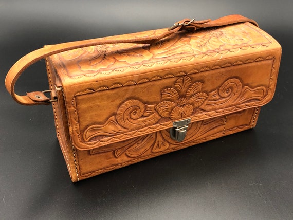Hand tooled leather box purse with cup, made in E… - image 1