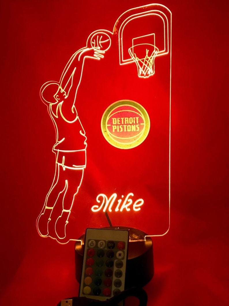 Detroit Pistons LED Personalized Basketball Player Light Up 3D Night Illusion LED Hand Made by Mirror Mania Free Ship Remote Table Lamp