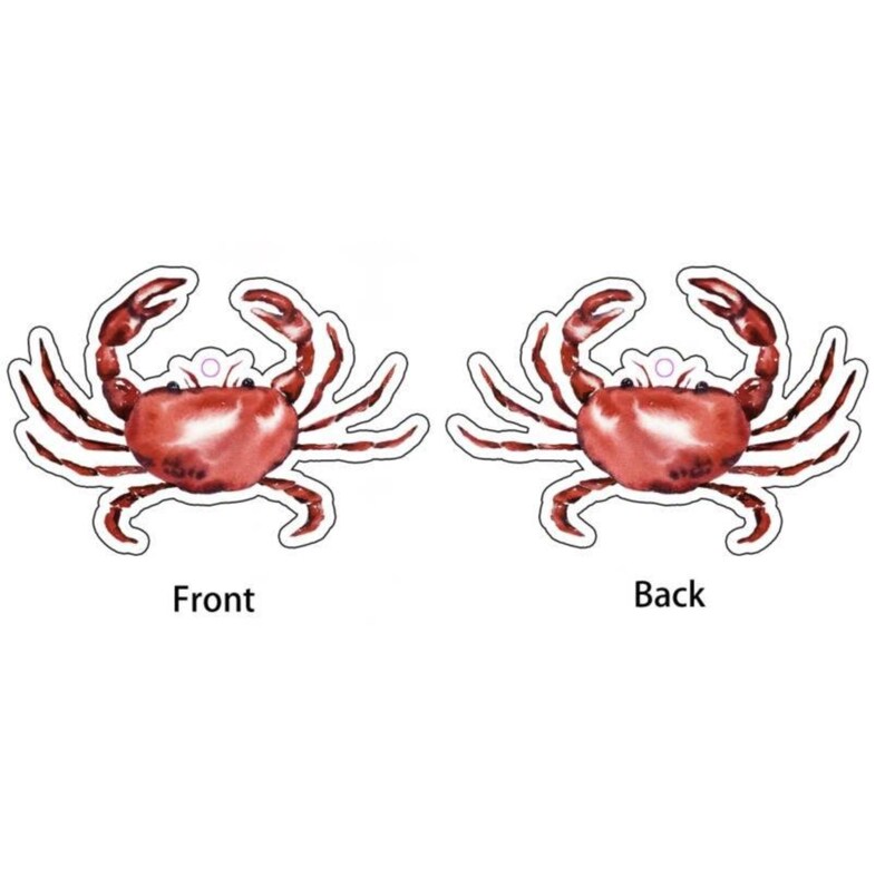 May include: A red crab with white outlines, shown from the front and back. The crab is a watercolor illustration.